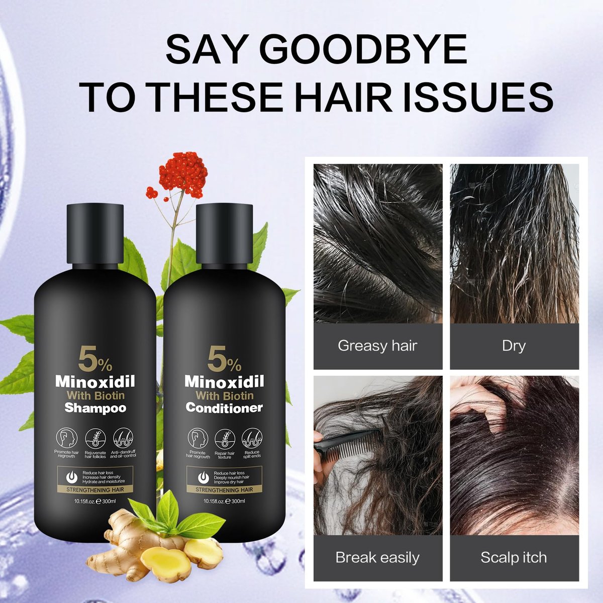 Minoxidil Shampoo & Conditioner Set for Hair Growth – Biotin, Ginseng & Ginger – Supports Thicker, Fuller Hair – Scalp Care Formula – For Men & Women – 600ml Duo - görsel 13