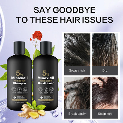 Minoxidil Shampoo & Conditioner Set for Hair Growth – Biotin, Ginseng & Ginger – Supports Thicker, Fuller Hair – Scalp Care Formula – For Men & Women – 600ml Duo