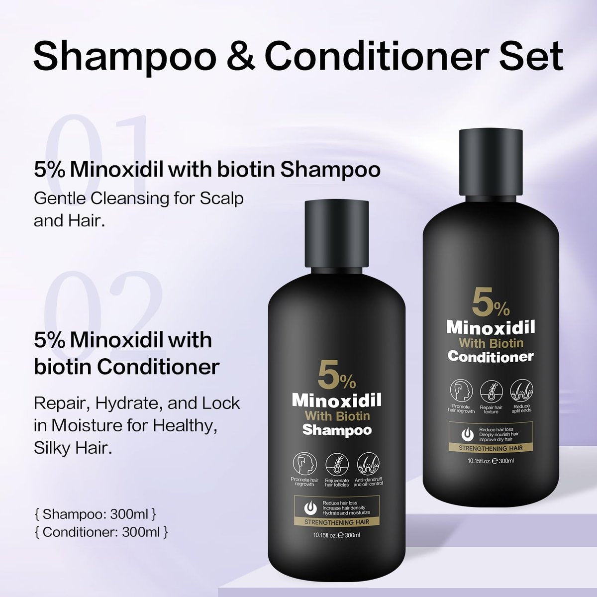 Minoxidil Shampoo & Conditioner Set for Hair Growth – Biotin, Ginseng & Ginger – Supports Thicker, Fuller Hair – Scalp Care Formula – For Men & Women – 600ml Duo - görsel 9