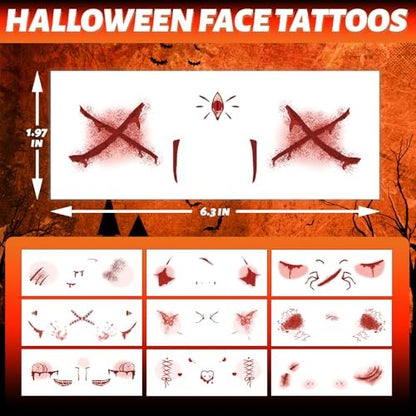 Winthrop 10 Sheets Halloween Bloody Scar Temporary Tattoos – Realistic Fake Wound Stickers for Face & Body, Horror Makeup for Costumes, Parties, Cosplay & Scary Pranks