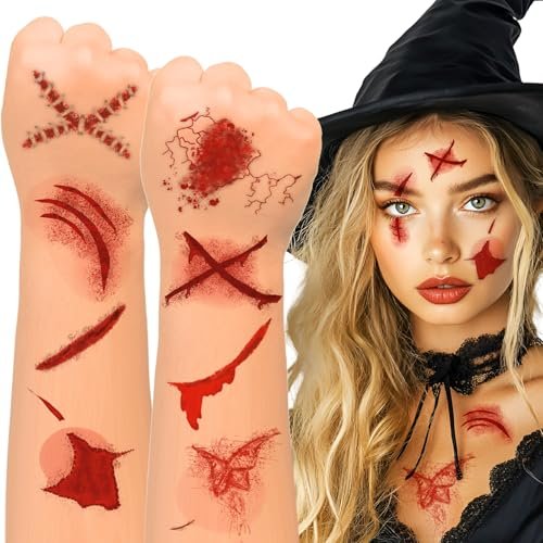 Winthrop 10 Sheets Halloween Bloody Scar Temporary Tattoos – Realistic Fake Wound Stickers for Face & Body, Horror Makeup for Costumes, Parties, Cosplay & Scary Pranks - görsel 2