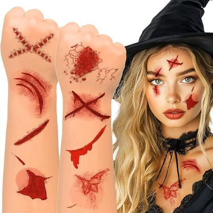 Winthrop 10 Sheets Halloween Bloody Scar Temporary Tattoos – Realistic Fake Wound Stickers for Face & Body, Horror Makeup for Costumes, Parties, Cosplay & Scary Pranks