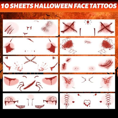 Winthrop 10 Sheets Halloween Bloody Scar Temporary Tattoos – Realistic Fake Wound Stickers for Face & Body, Horror Makeup for Costumes, Parties, Cosplay & Scary Pranks