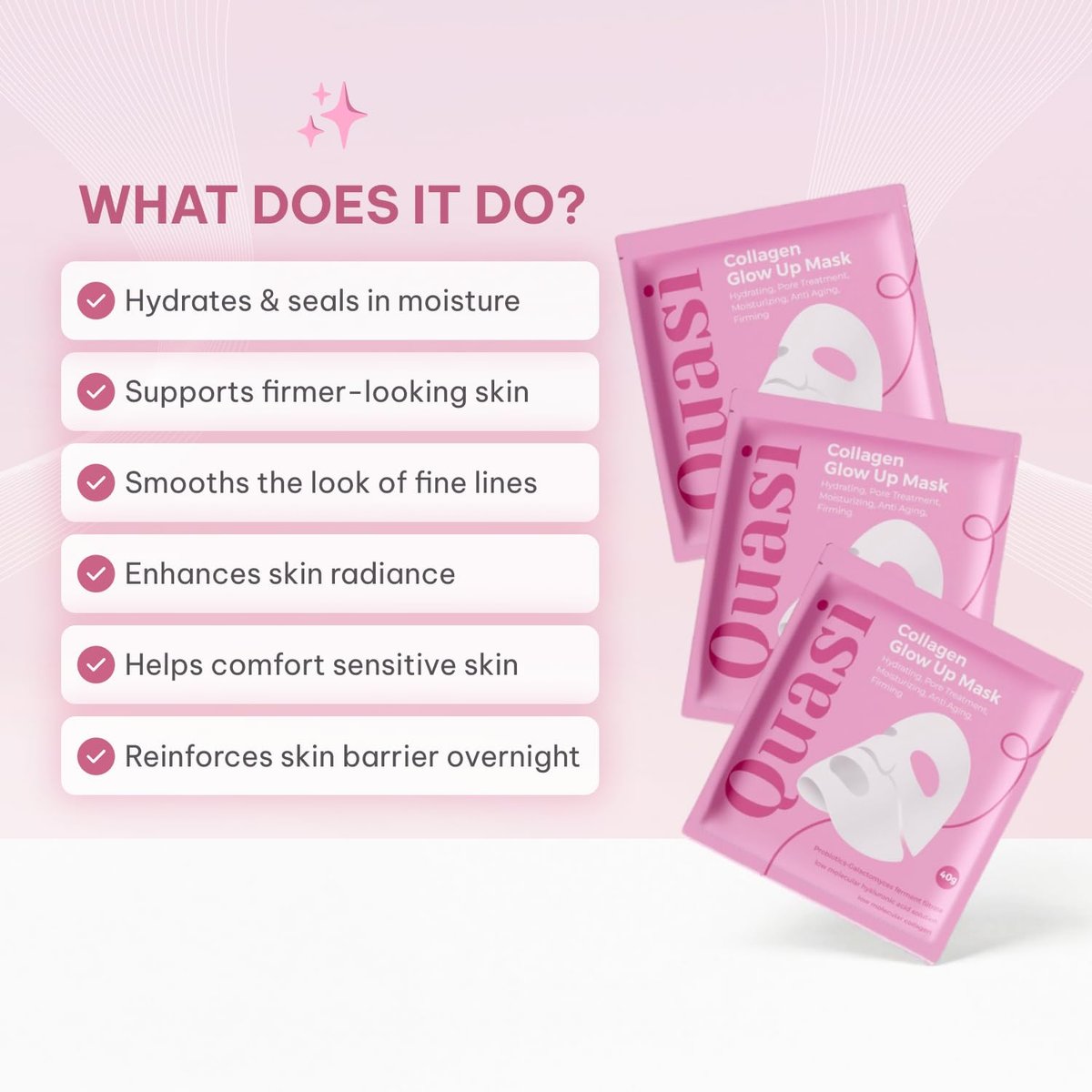 Quasi Bio-Collagen Face Mask Overnight – Hydrating Korean Sheet Mask with Niacinamide & Low Molecular Collagen – Firming & Smoothing Skincare for All Skin Types – 4 Masks Avelisse