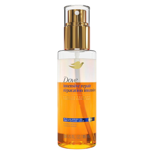 Dove Damage Therapy Intensive Repair Bi-Phase Serum + Oil Hair Spray – 3.9 oz for Shine, Frizz Control & Split Ends