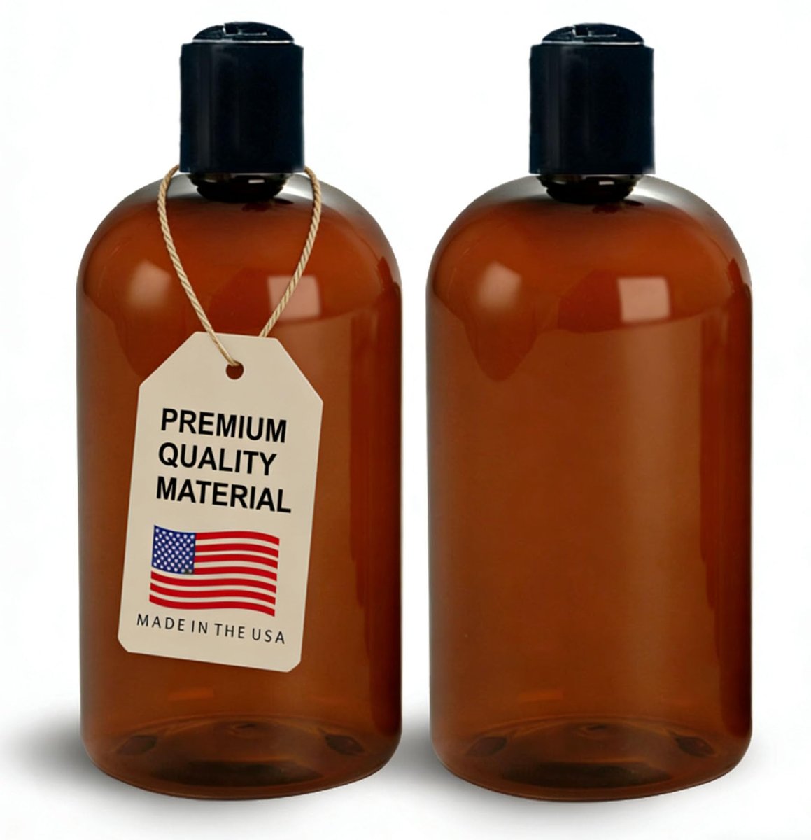 ljdeals 16 oz Amber Plastic Empty Bottles with Black Disc Top Caps - Refillable Containers for Shampoo, Lotions, Cream and More, BPA Free, Pack of 2, Made in USA - görsel 1