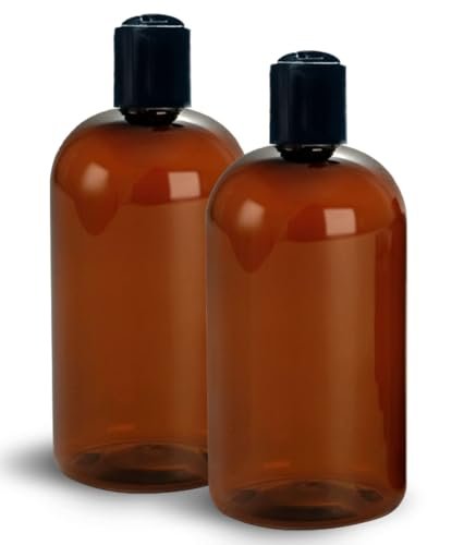 ljdeals 16 oz Amber Plastic Empty Bottles with Black Disc Top Caps - Refillable Containers for Shampoo, Lotions, Cream and More, BPA Free, Pack of 2, Made in USA - görsel 4