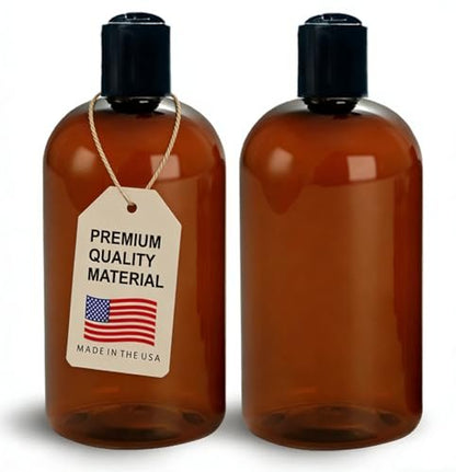 ljdeals 16 oz Amber Plastic Empty Bottles with Black Disc Top Caps - Refillable Containers for Shampoo, Lotions, Cream and More, BPA Free, Pack of 2, Made in USA
