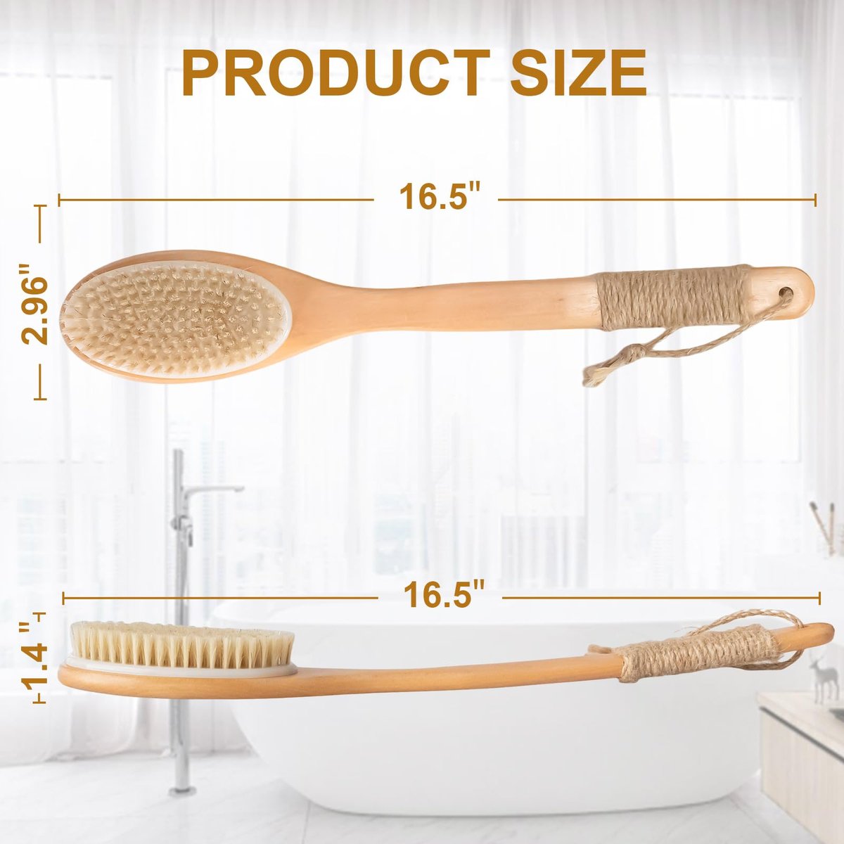16.5 Inches Back Scrubber for Shower with Curved Long Handle – Wet & Dry Brushing Body Brush, Natural Bristles, Bath Tool for Men & Women - görsel 3