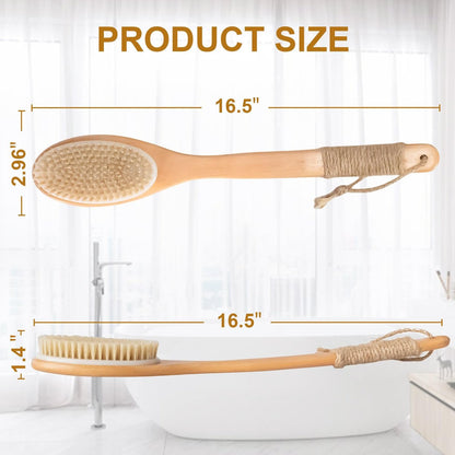 16.5 Inches Back Scrubber for Shower with Curved Long Handle – Wet & Dry Brushing Body Brush, Natural Bristles, Bath Tool for Men & Women