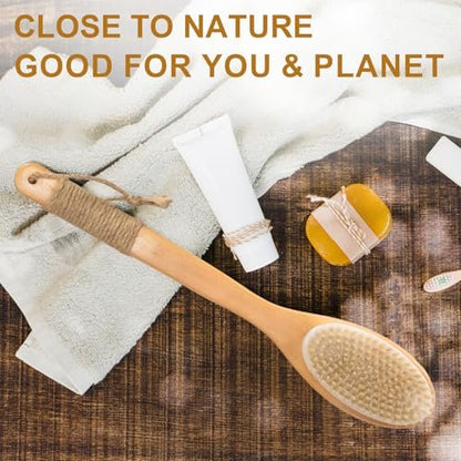 16.5 Inches Back Scrubber for Shower with Curved Long Handle – Wet & Dry Brushing Body Brush, Natural Bristles, Bath Tool for Men & Women
