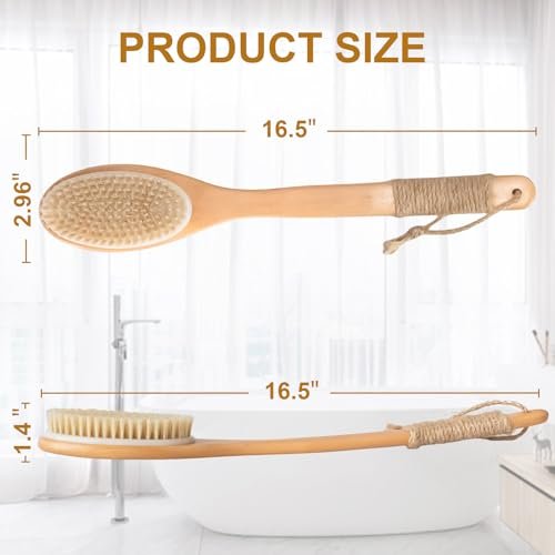 16.5 Inches Back Scrubber for Shower with Curved Long Handle – Wet & Dry Brushing Body Brush, Natural Bristles, Bath Tool for Men & Women - görsel 4