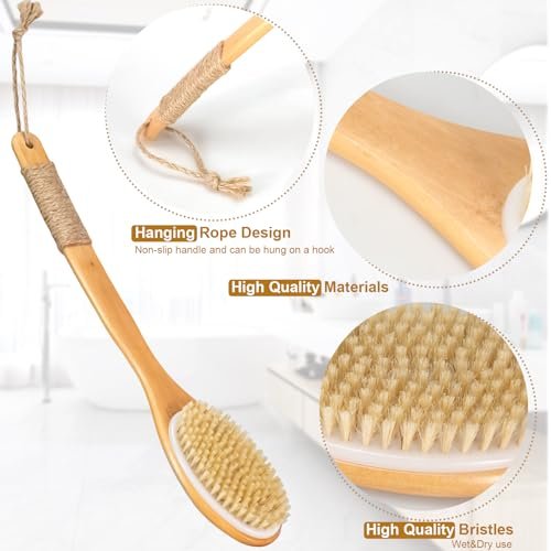 16.5 Inches Back Scrubber for Shower with Curved Long Handle – Wet & Dry Brushing Body Brush, Natural Bristles, Bath Tool for Men & Women - görsel 6