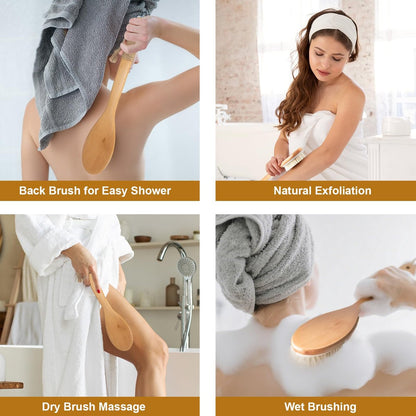 16.5 Inches Back Scrubber for Shower with Curved Long Handle – Wet & Dry Brushing Body Brush, Natural Bristles, Bath Tool for Men & Women