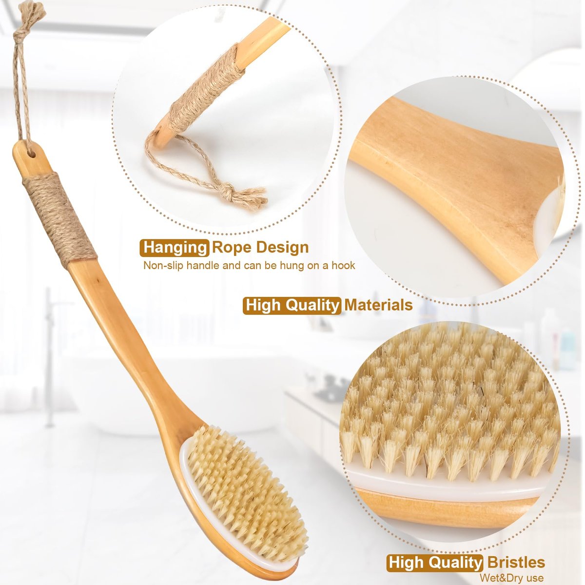 16.5 Inches Back Scrubber for Shower with Curved Long Handle – Wet & Dry Brushing Body Brush, Natural Bristles, Bath Tool for Men & Women - görsel 5