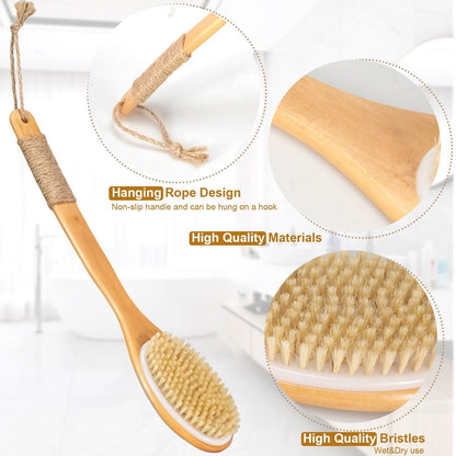 16.5 Inches Back Scrubber for Shower with Curved Long Handle – Wet & Dry Brushing Body Brush, Natural Bristles, Bath Tool for Men & Women