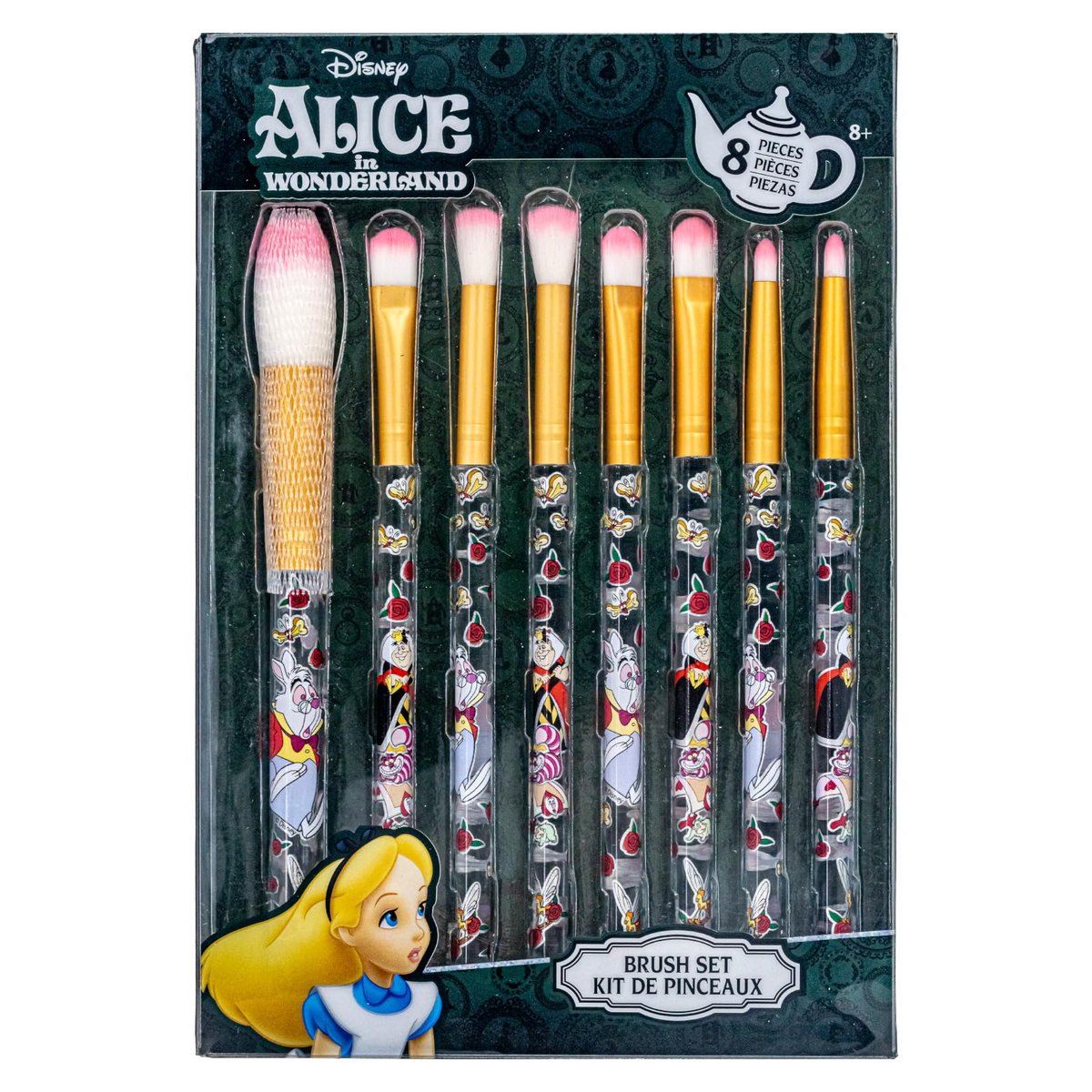 Disney Alice in Wonderland 8-Piece Makeup Brush Set for Eyeshadow, Highlighter, Blush | Soft Hair, Stainless Steel | by Townley Girl - görsel 1