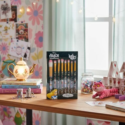 Disney Alice in Wonderland 8-Piece Makeup Brush Set for Eyeshadow, Highlighter, Blush | Soft Hair, Stainless Steel | by Townley Girl