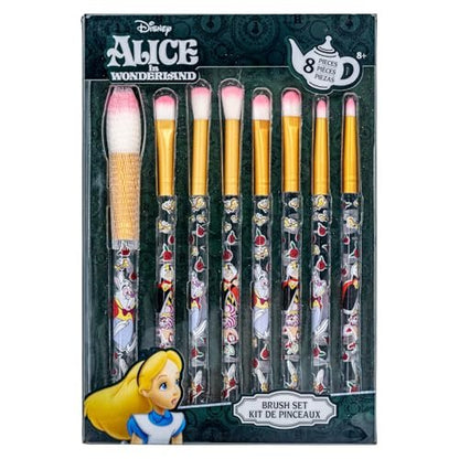 Disney Alice in Wonderland 8-Piece Makeup Brush Set for Eyeshadow, Highlighter, Blush | Soft Hair, Stainless Steel | by Townley Girl