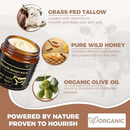 KINGMING Beef Tallow and Honey Balm for Skin - Deeply Moisturizing Facial Moisturizer Cream for Face and Body, Grass Fed Beef Tallow Balm, Suitable for All Skin Types (4.23 oz)