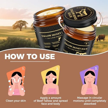 KINGMING Beef Tallow and Honey Balm for Skin - Deeply Moisturizing Facial Moisturizer Cream for Face and Body, Grass Fed Beef Tallow Balm, Suitable for All Skin Types (4.23 oz)