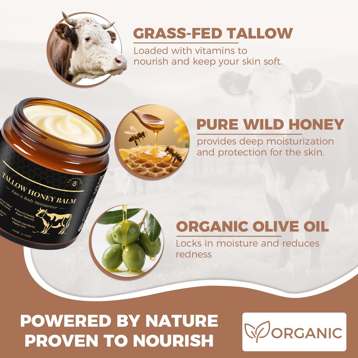 KINGMING Beef Tallow and Honey Balm for Skin - Deeply Moisturizing Facial Moisturizer Cream for Face and Body, Grass Fed Beef Tallow Balm, Suitable for All Skin Types (4.23 oz) - görsel 3