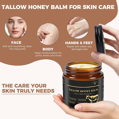 KINGMING Beef Tallow and Honey Balm for Skin - Deeply Moisturizing Facial Moisturizer Cream for Face and Body, Grass Fed Beef Tallow Balm, Suitable for All Skin Types (4.23 oz)