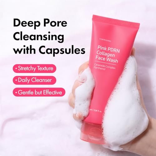 TOSOWOONG Pink PDRN Collagen Face Wash – Mochi Whip with Capsules for Gentle Blackhead & Pore Care, Hydrating & Rejuvenating Salmon DNA PDRN, 7 Collagens, Korean Skincare, 100ml Avelisse