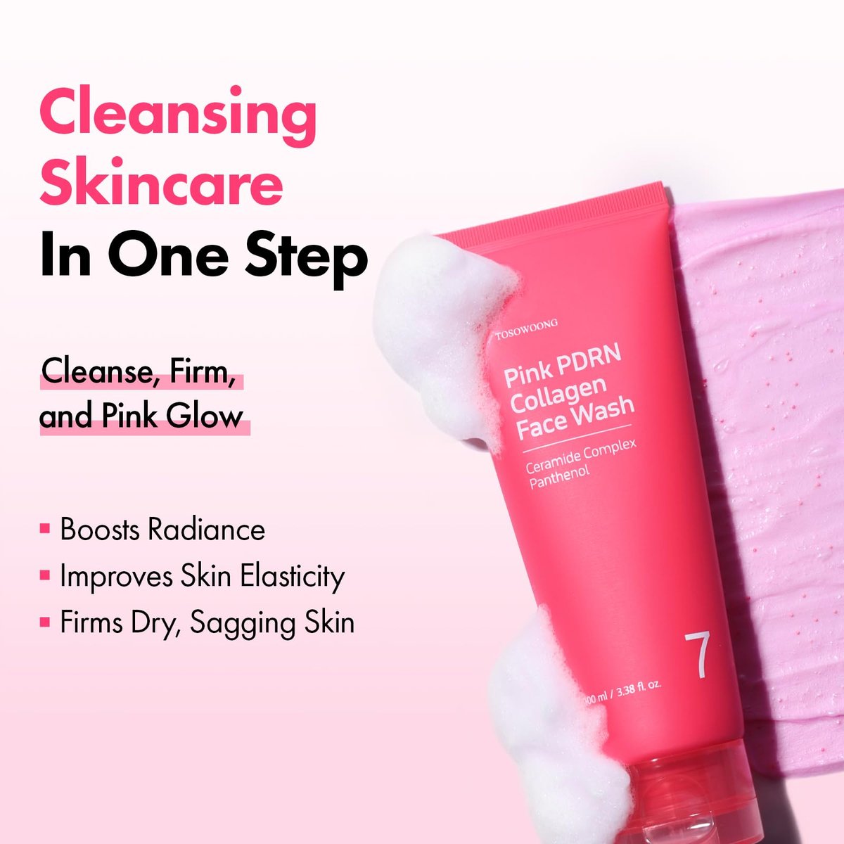 TOSOWOONG Pink PDRN Collagen Face Wash – Mochi Whip with Capsules for Gentle Blackhead & Pore Care, Hydrating & Rejuvenating Salmon DNA PDRN, 7 Collagens, Korean Skincare, 100ml Avelisse