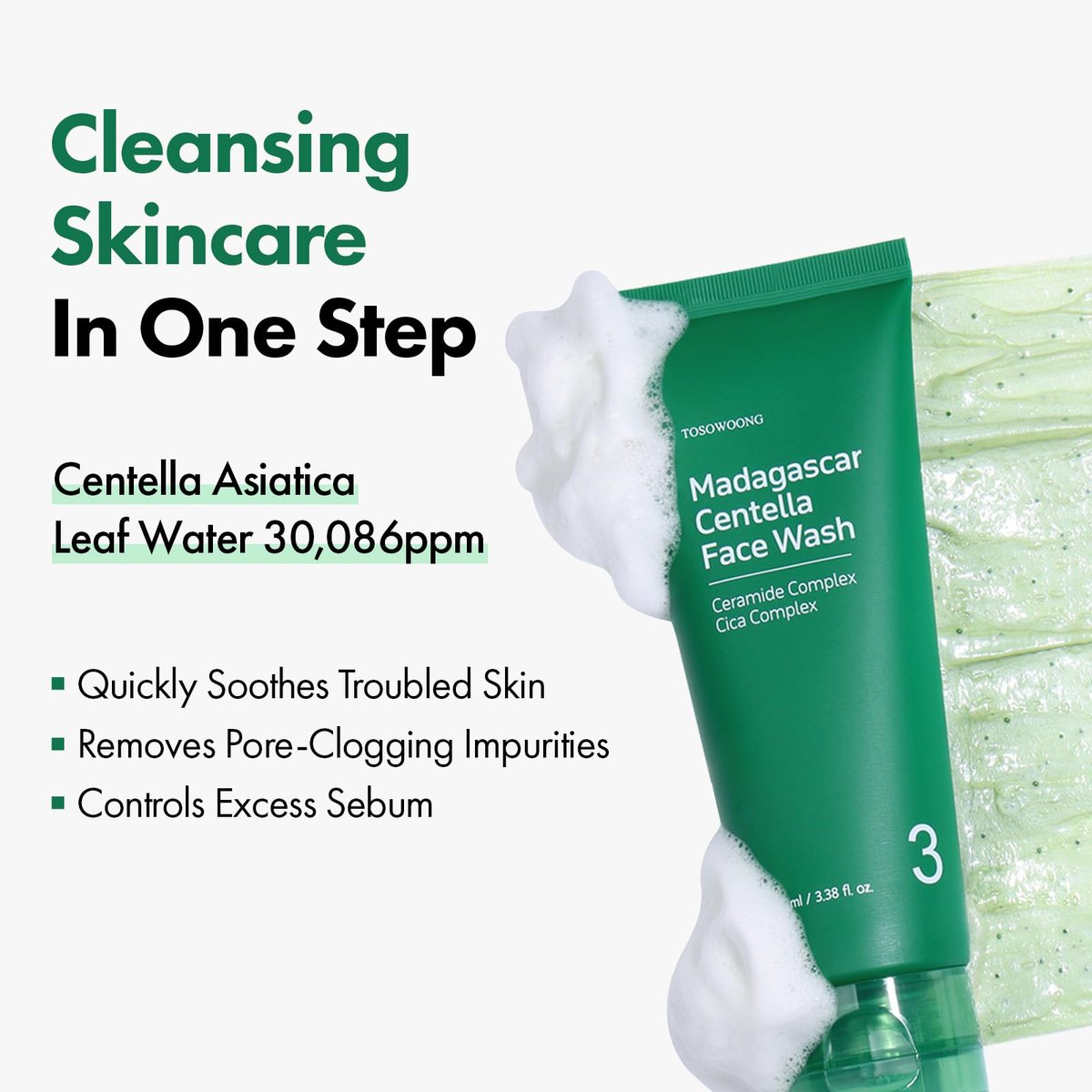 TOSOWOONG Madagascar Centella Face Wash – Mochi Whip with Capsules for Blackheads, Clogged Pores & Excess Sebum | 9 Cica Complex | Korean Skincare, 3.38 fl oz Avelisse