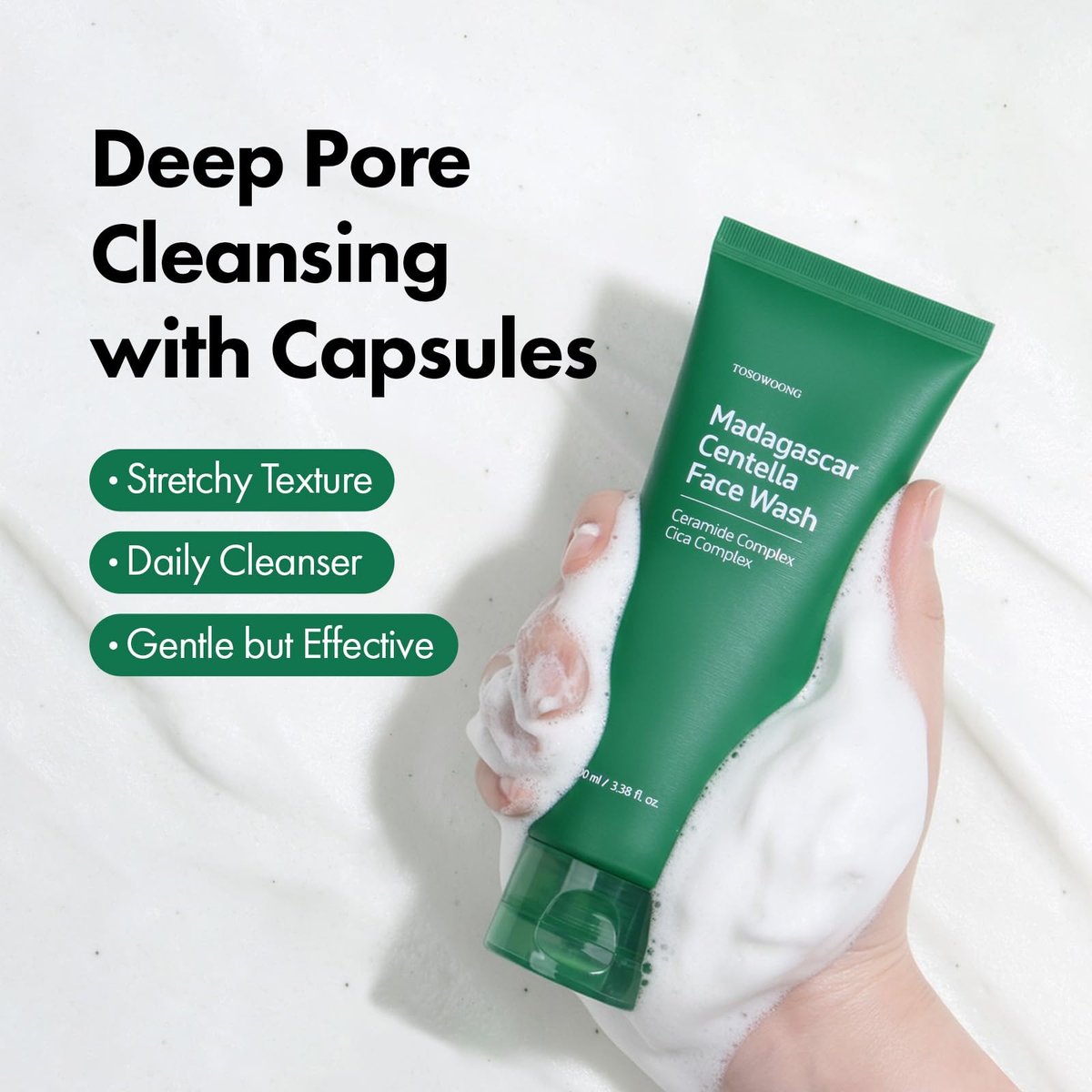 TOSOWOONG Madagascar Centella Face Wash – Mochi Whip with Capsules for Blackheads, Clogged Pores & Excess Sebum | 9 Cica Complex | Korean Skincare, 3.38 fl oz Avelisse
