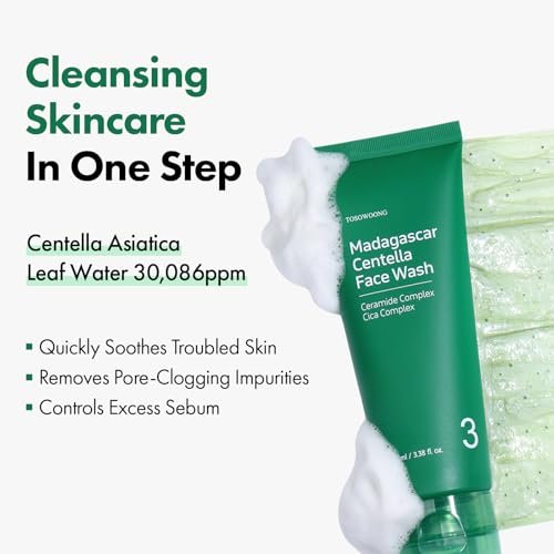 TOSOWOONG Madagascar Centella Face Wash – Mochi Whip with Capsules for Blackheads, Clogged Pores & Excess Sebum | 9 Cica Complex | Korean Skincare, 3.38 fl oz Avelisse
