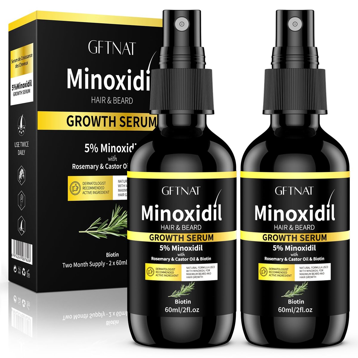 5% Minoxidil Spray for Men and Women Hair Loss Solution with Biotin and Rosemary Hair Growth Serum, Extra Strength 5 Percent Minoxidil for Thicker Fuller Hair Regrowth, 2 Fl Oz (Pack of 2) Avelisse