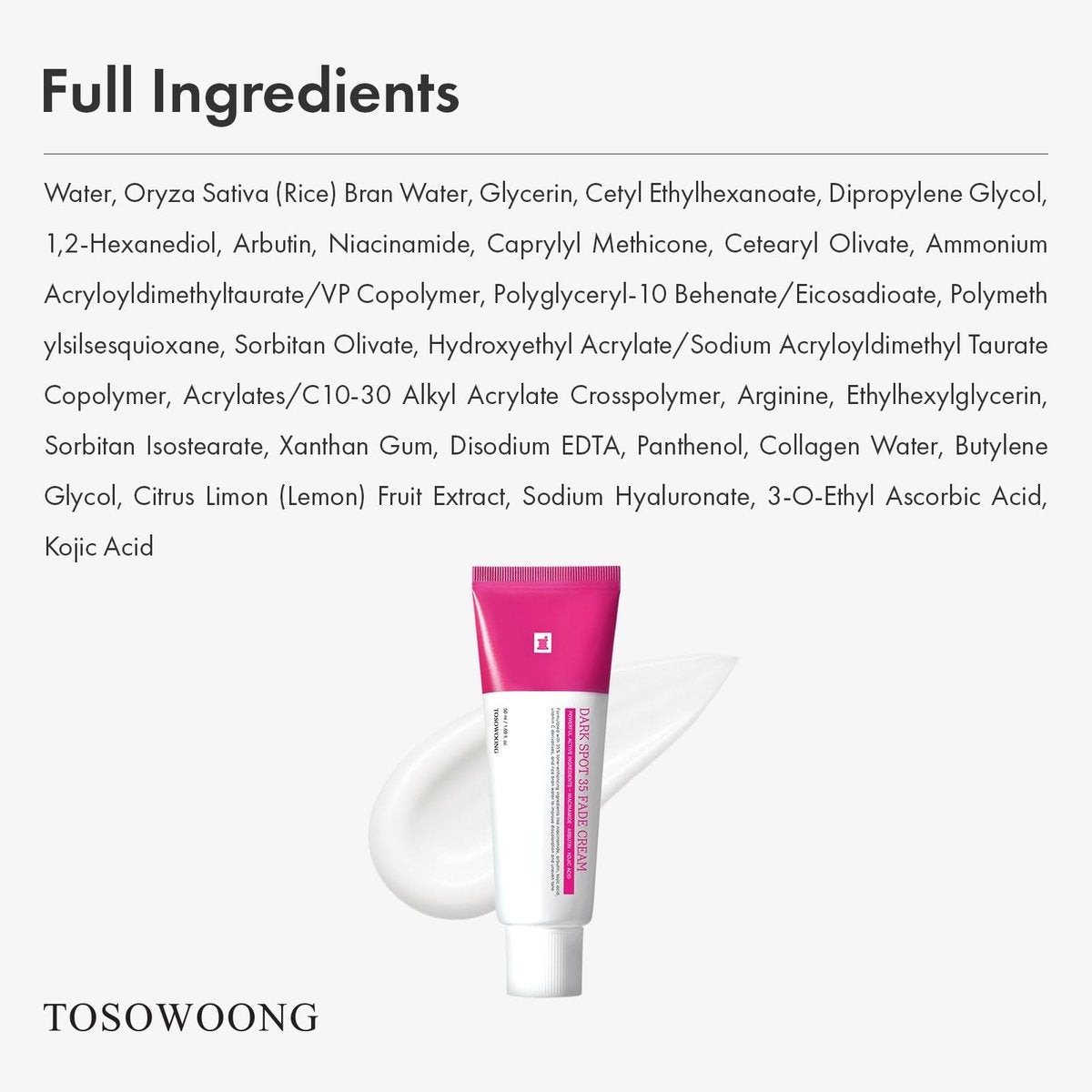 TOSOWOONG Dark Spot 35 Fade Cream – Arbutin, Kojic Acid, Niacinamide – Hyperpigmentation & Discoloration Treatment for Face & Body – Korean Skincare – 50ml / 1.69 fl. oz. Avelisse