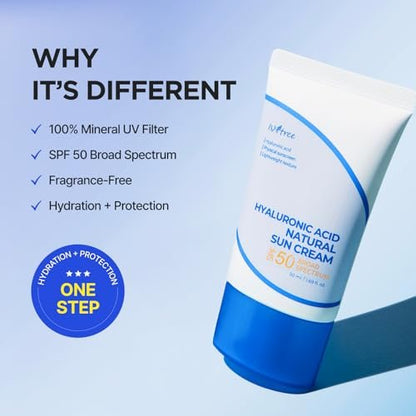 ISNTREE Hyaluronic Acid Natural Suncream SPF 50 – Mineral Sunscreen with Gentle Tone-Up & Hydration for Sensitive Skin (50ml / 1.69 Fl Oz) Avelisse