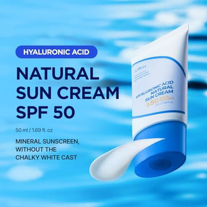 ISNTREE Hyaluronic Acid Natural Suncream SPF 50 – Mineral Sunscreen with Gentle Tone-Up & Hydration for Sensitive Skin (50ml / 1.69 Fl Oz) Avelisse