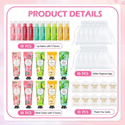 20 Pack Bulk Gift Set - Lip Balm and Hand Cream with Organza Bag & Thank You Card for Wedding Favors, Baby Shower, Christmas Stocking Stuffers Avelisse
