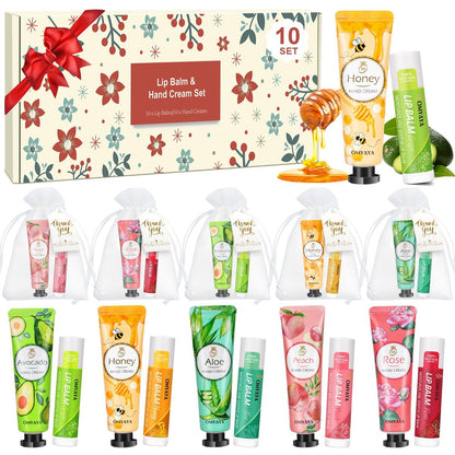 20 Pack Bulk Gift Set - Lip Balm and Hand Cream with Organza Bag & Thank You Card for Wedding Favors, Baby Shower, Christmas Stocking Stuffers Avelisse