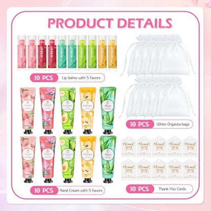 20 Pack Bulk Gift Set - Lip Balm and Hand Cream with Organza Bag & Thank You Card for Wedding Favors, Baby Shower, Christmas Stocking Stuffers Avelisse