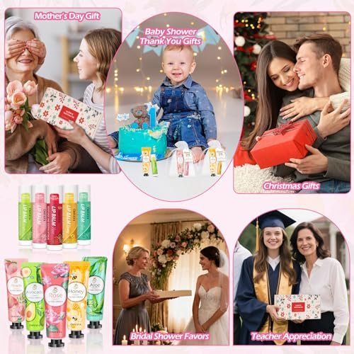 20 Pack Bulk Gift Set - Lip Balm and Hand Cream with Organza Bag & Thank You Card for Wedding Favors, Baby Shower, Christmas Stocking Stuffers Avelisse