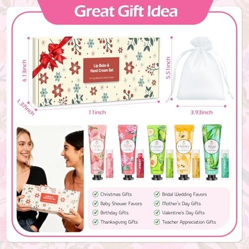 20 Pack Bulk Gift Set - Lip Balm and Hand Cream with Organza Bag & Thank You Card for Wedding Favors, Baby Shower, Christmas Stocking Stuffers Avelisse