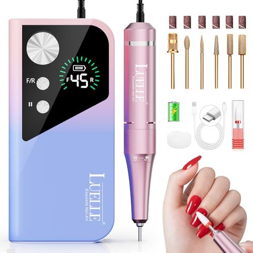 LUELLE Electric Nail Drill File Professional 45000 RPM, Rechargeable Cordless E File Kit for Acrylic Gel Nails, Polishing & Removing, Portable with Gold Bits for Salon & Home Use Avelisse