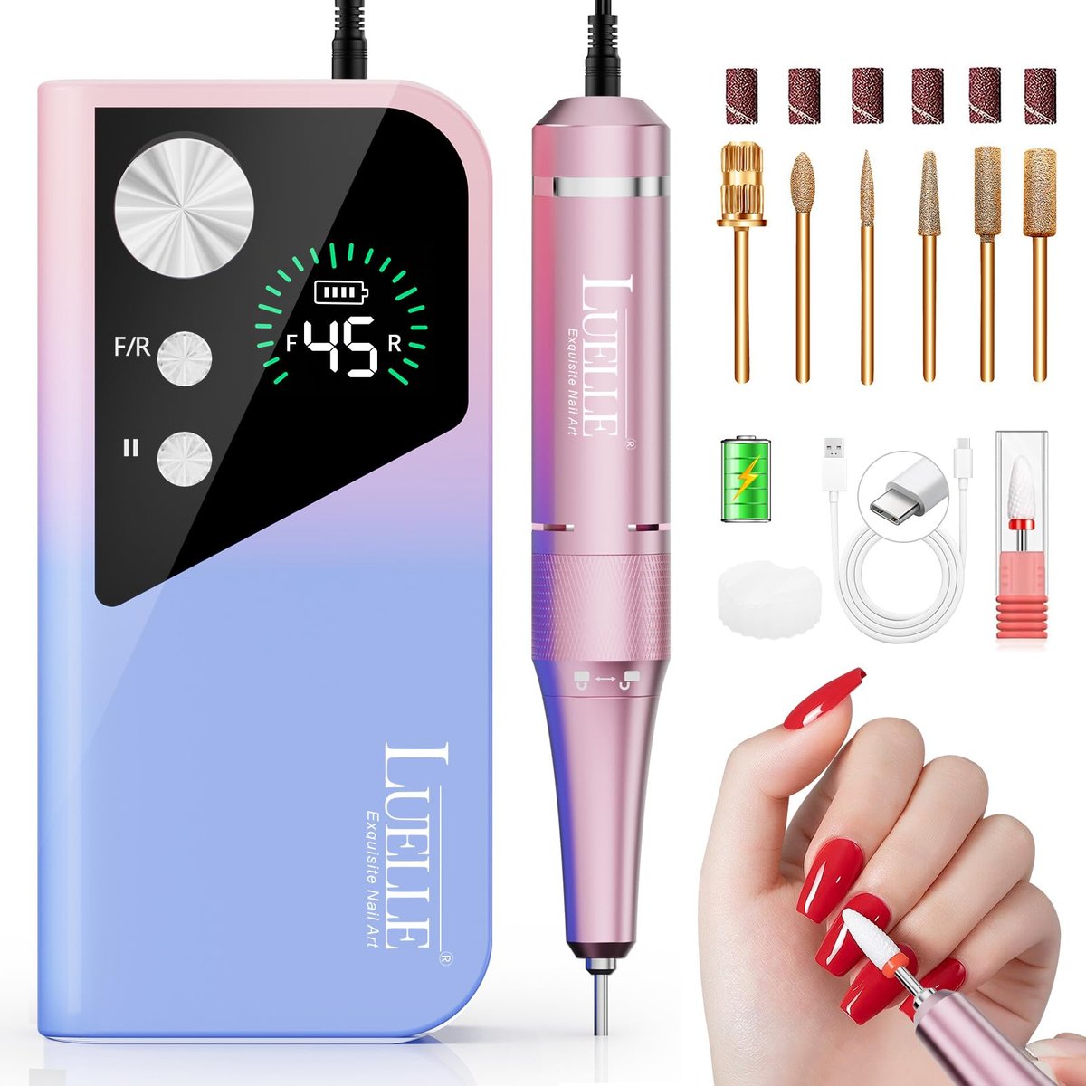 LUELLE Electric Nail Drill File Professional 45000 RPM, Rechargeable Cordless E File Kit for Acrylic Gel Nails, Polishing & Removing, Portable with Gold Bits for Salon & Home Use Avelisse