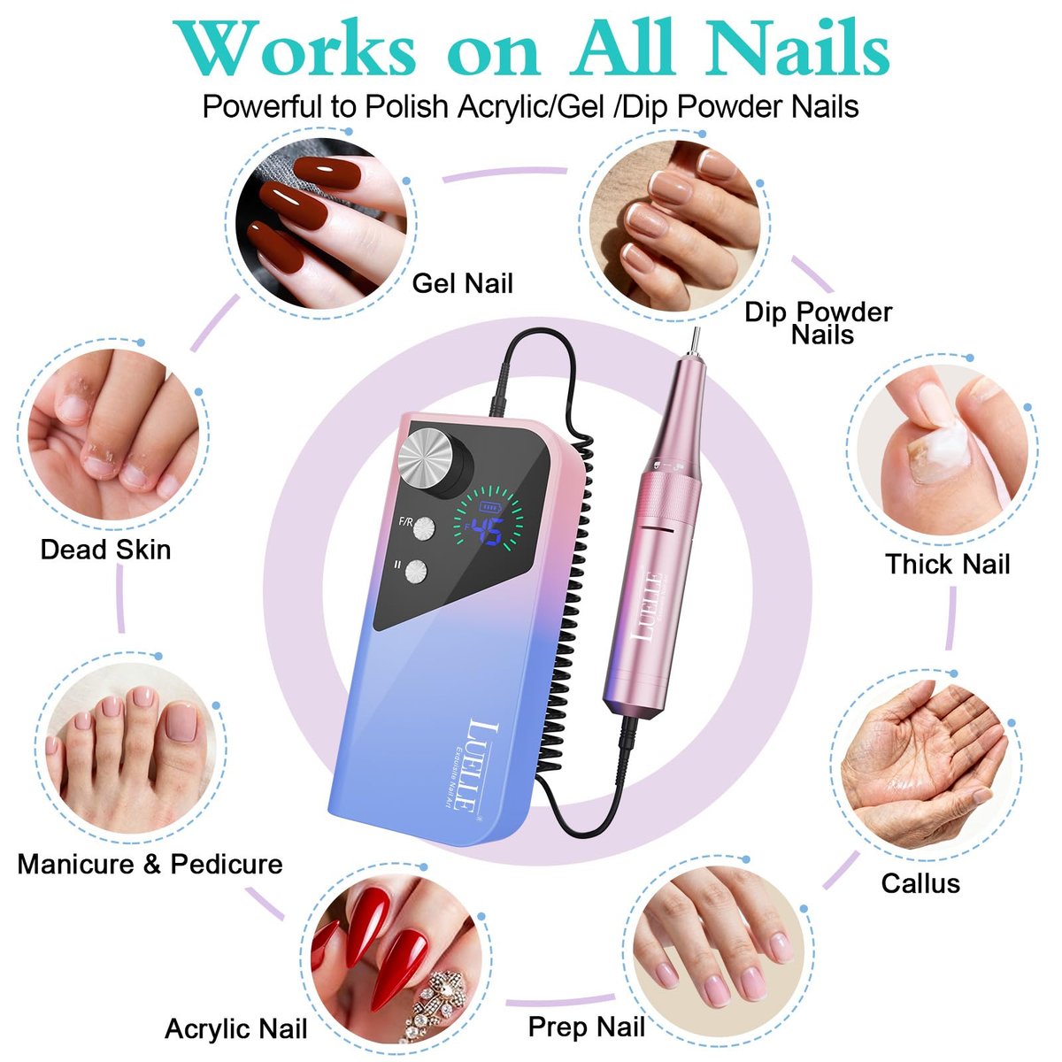 LUELLE Electric Nail Drill File Professional 45000 RPM, Rechargeable Cordless E File Kit for Acrylic Gel Nails, Polishing & Removing, Portable with Gold Bits for Salon & Home Use Avelisse
