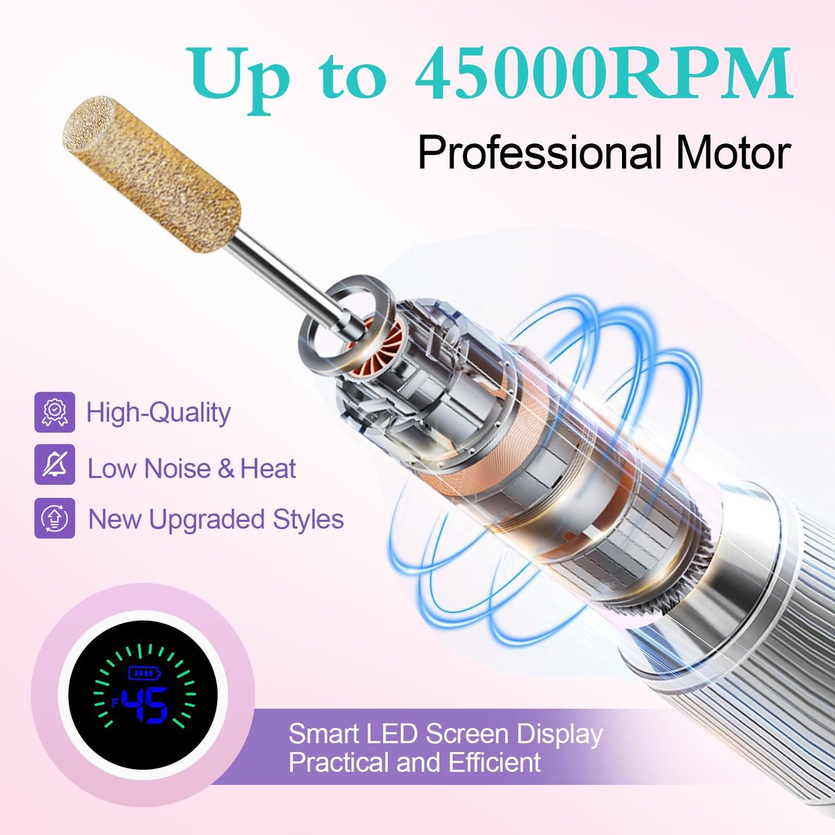 LUELLE Electric Nail Drill File Professional 45000 RPM, Rechargeable Cordless E File Kit for Acrylic Gel Nails, Polishing & Removing, Portable with Gold Bits for Salon & Home Use Avelisse
