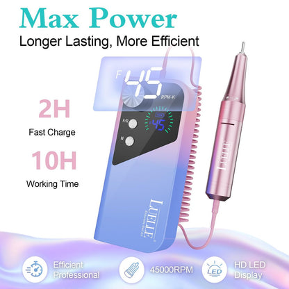 LUELLE Electric Nail Drill File Professional 45000 RPM, Rechargeable Cordless E File Kit for Acrylic Gel Nails, Polishing & Removing, Portable with Gold Bits for Salon & Home Use Avelisse