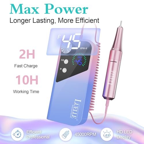 LUELLE Electric Nail Drill File Professional 45000 RPM, Rechargeable Cordless E File Kit for Acrylic Gel Nails, Polishing & Removing, Portable with Gold Bits for Salon & Home Use Avelisse
