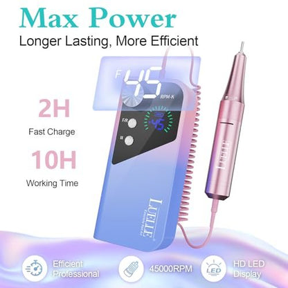LUELLE Electric Nail Drill File Professional 45000 RPM, Rechargeable Cordless E File Kit for Acrylic Gel Nails, Polishing & Removing, Portable with Gold Bits for Salon & Home Use Avelisse