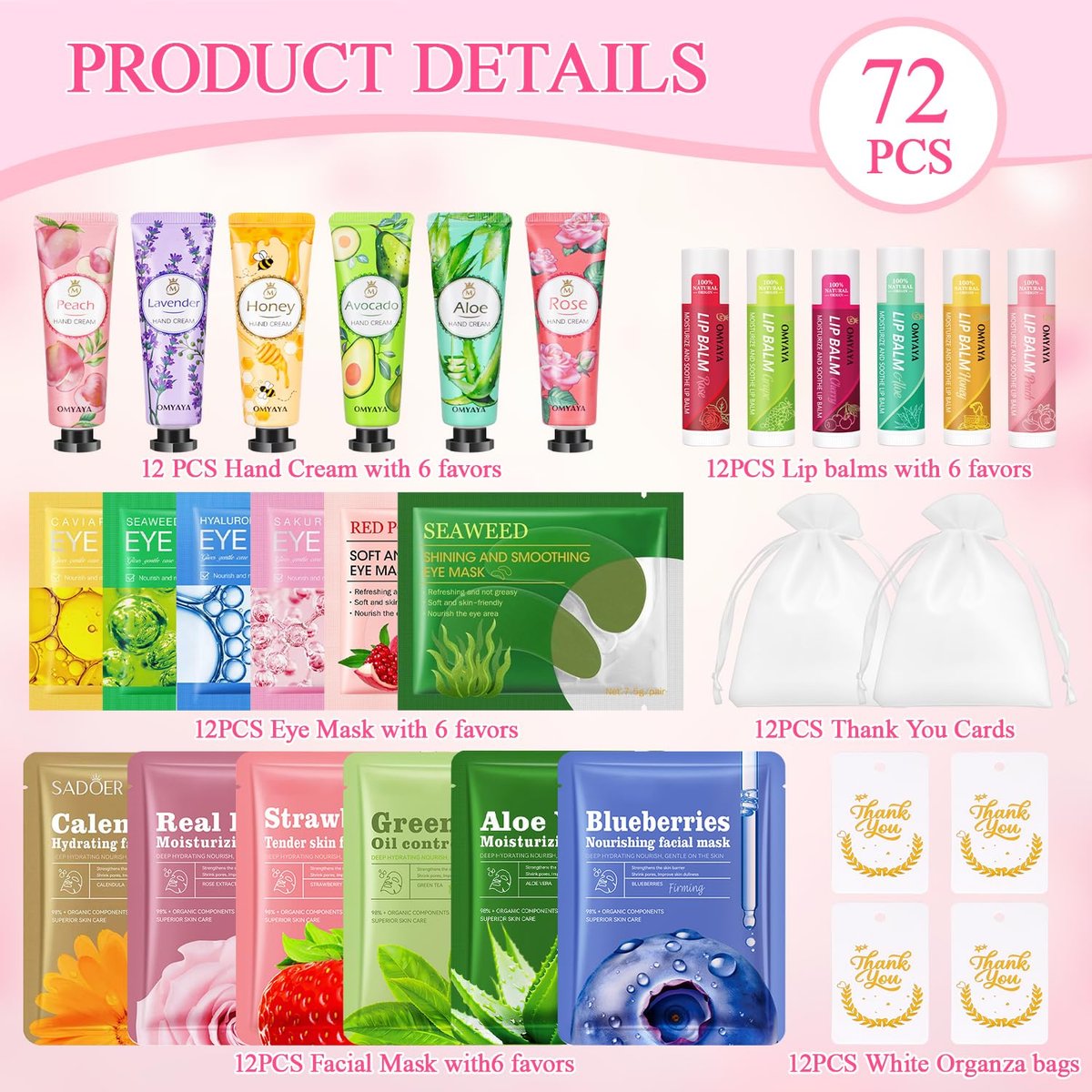 72 Pcs Bulk Gifts for Women - Facial Mask, Lip Balms, Hand Creams & Under Eye Patches - Spa Party Supplies, Party Favors for Bridal Wedding, Baby Shower, Sleepover Party, Christmas Stocking Stuffers Avelisse