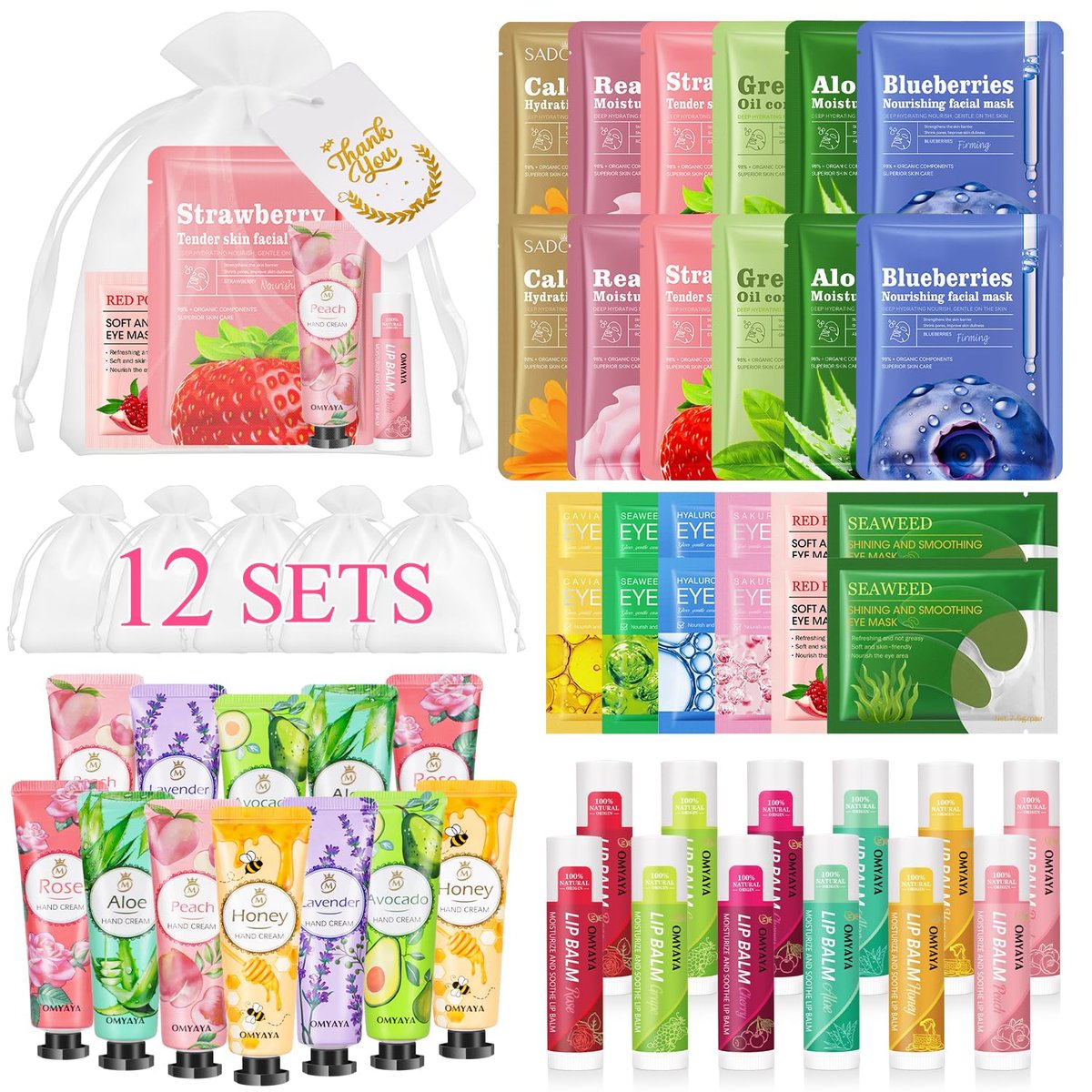 72 Pcs Bulk Gifts for Women - Facial Mask, Lip Balms, Hand Creams & Under Eye Patches - Spa Party Supplies, Party Favors for Bridal Wedding, Baby Shower, Sleepover Party, Christmas Stocking Stuffers Avelisse